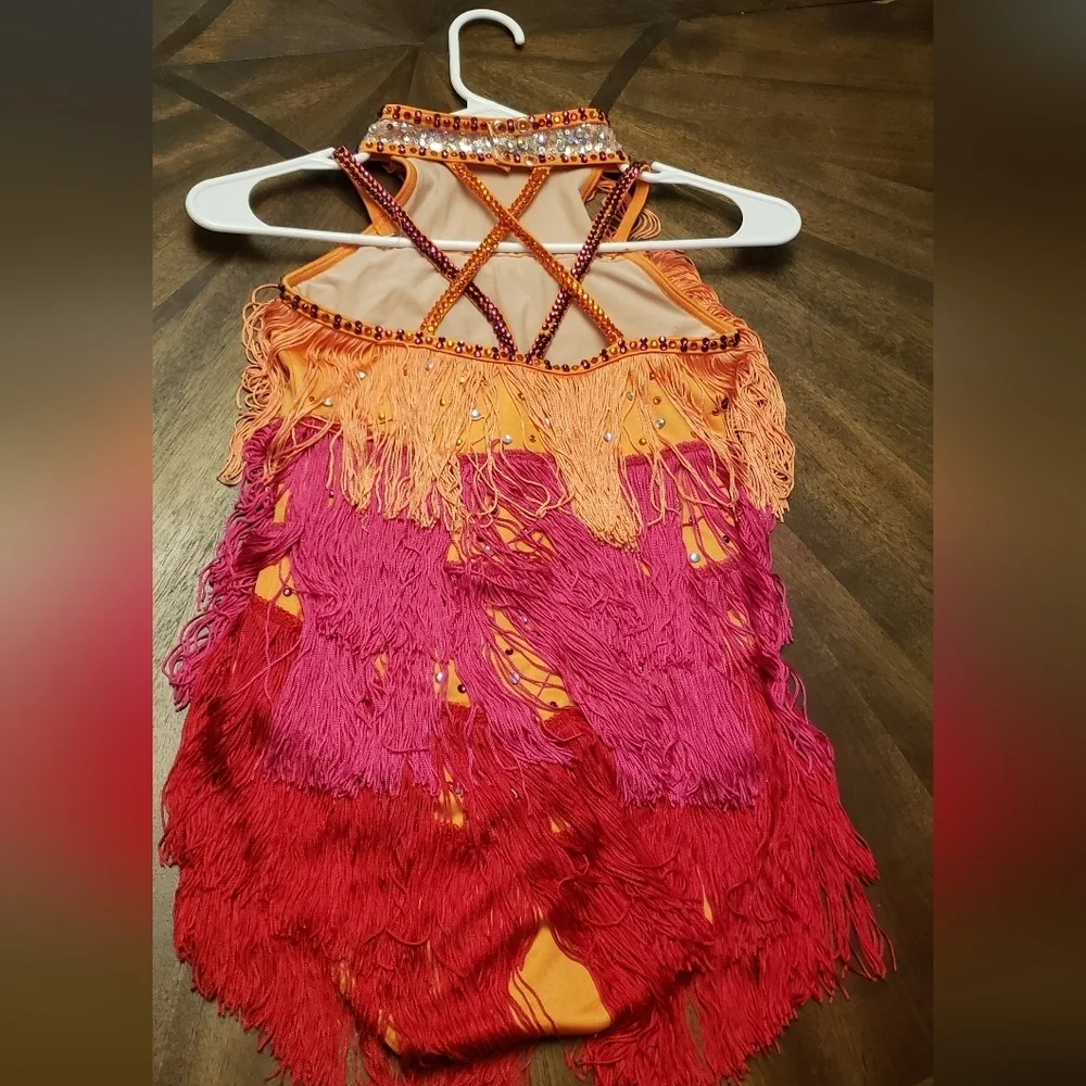 Weissman Fringe Dance Costume for Kids - Orange, Pink, and Red Size LC